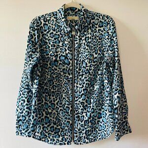 Michael Kors Blue & White Wildcat Print Full Zip Front Top/Light Weight Jacket L